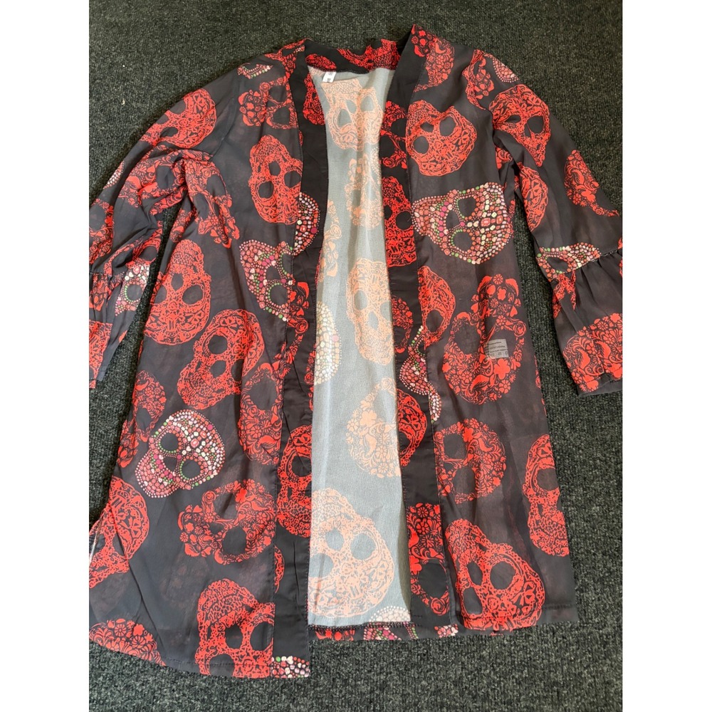Nextmia Red Black Sugar Skull Print Sheer Kimono Cardigan Bell Sleeve 2XL - Picture 1 of 4